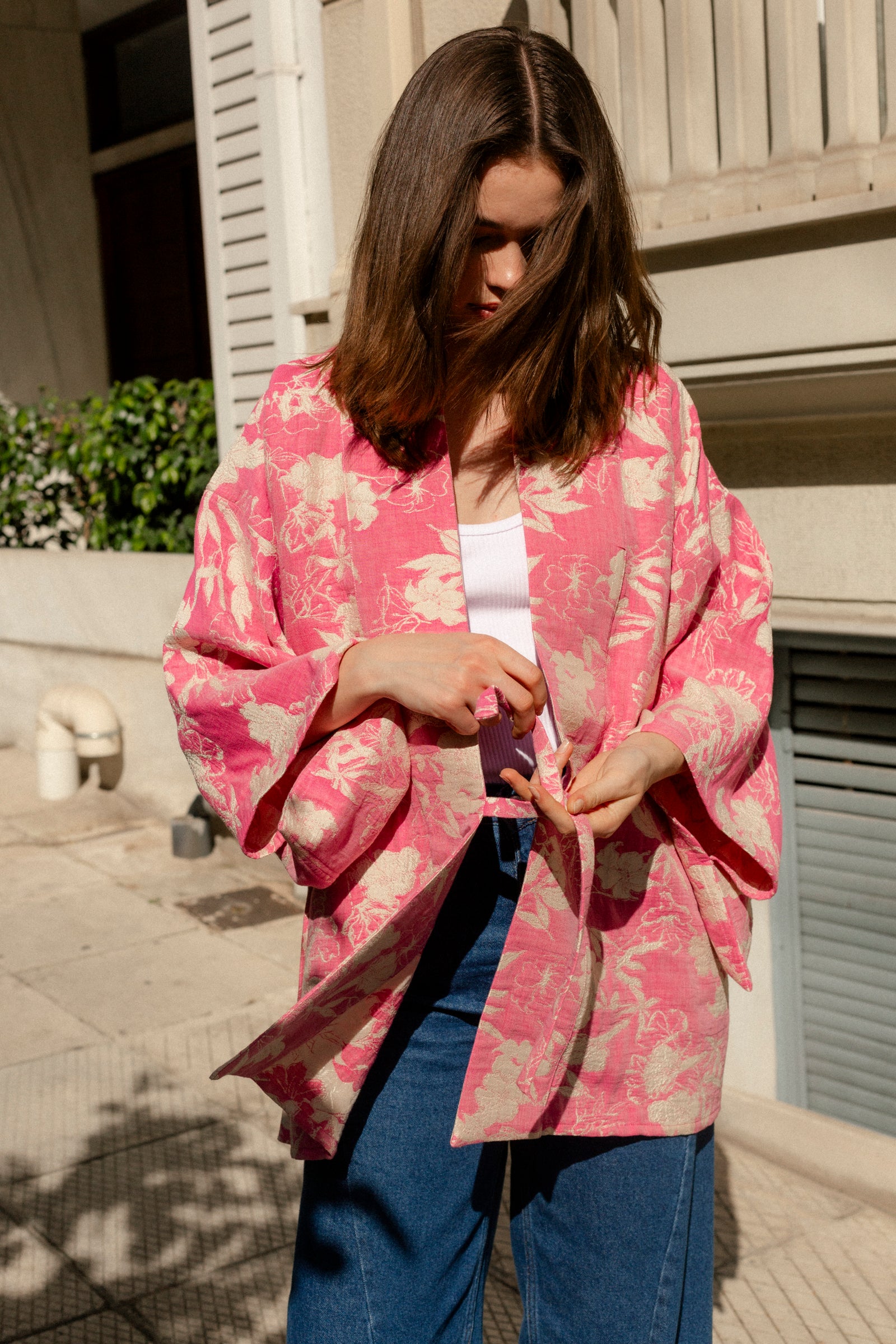 KIMONO DAMSKIE AKIRA ŻAKARDOWE RÓŻOWE